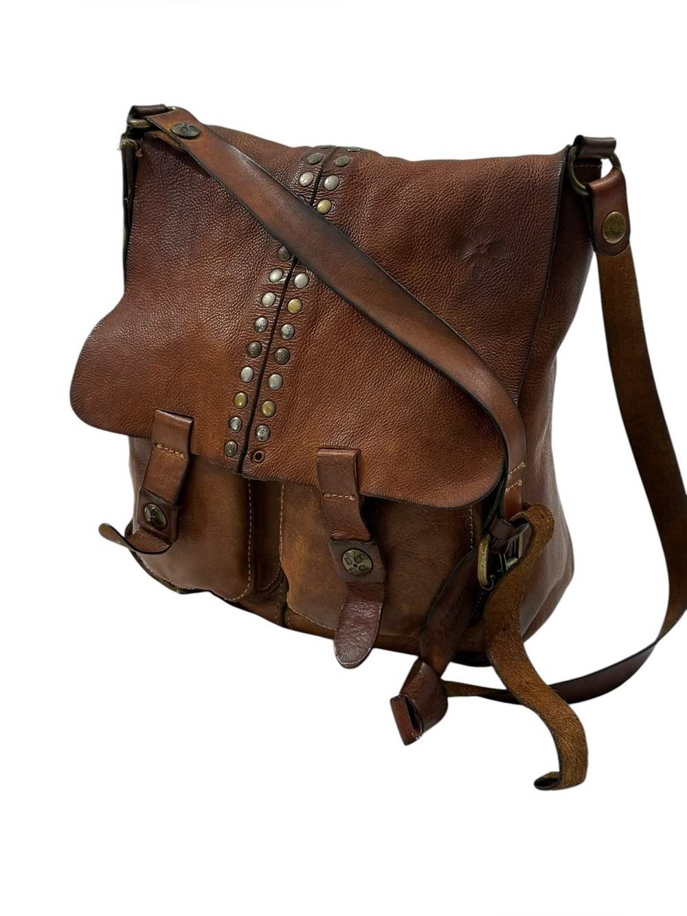 Patricia Nash Armeno Distressed Leather Messenger Crossbody Bag Cognac Studded